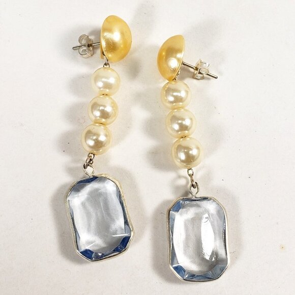 Off-White Beads Rectangular Shape Clear Stone Post Drop Dangle Earrings - Women - Picture 1 of 7